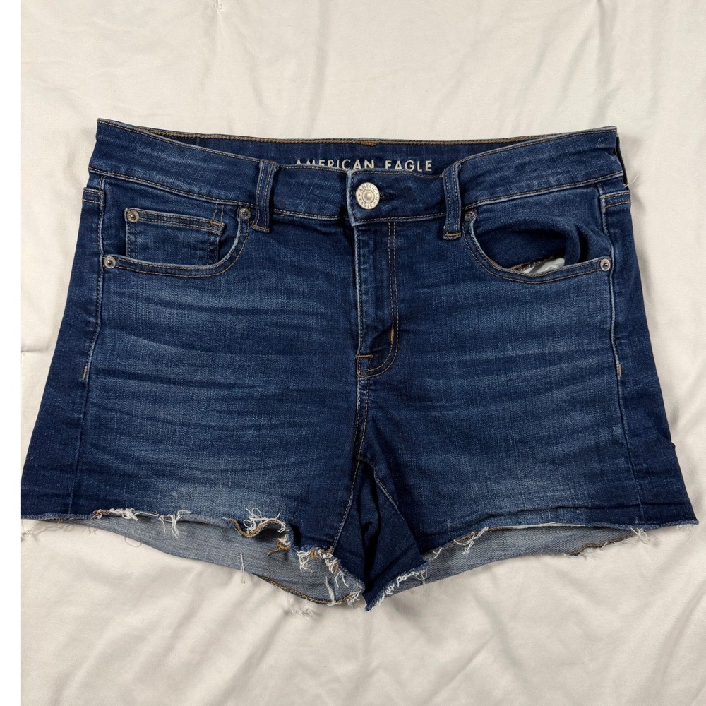 American Eagle Stretch Shortie Denim Shorts Dark Wash Distressed Hem Size 10‎